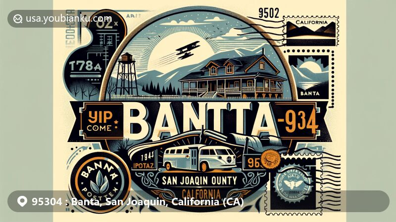 Modern illustration of Banta, San Joaquin County, California, highlighting postal theme with ZIP code 95304, featuring historic Banta Inn and California landscape.