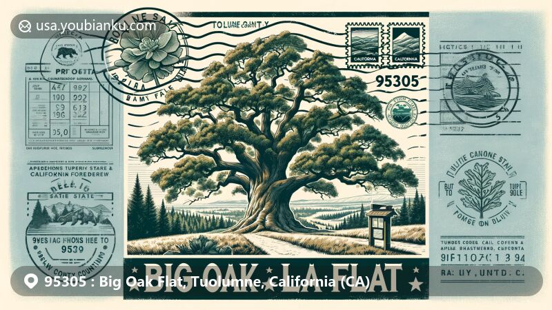 Creative postal illustration for ZIP code 95305 in Big Oak Flat, Tuolumne County, California, featuring majestic oak tree and California state flag, blending regional history and natural beauty.