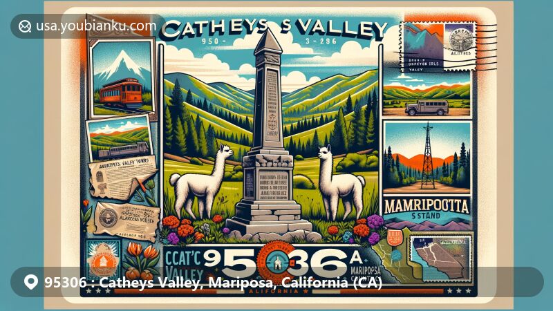 Modern illustration of Catheys Valley, Mariposa County, California, featuring diverse natural landscapes and iconic landmarks, such as Andrew D Cathey family memorial monument and Epic Alpacas Tours, against the backdrop of Sierra National Forest's Signal Peak Tower at Devil's Peak, all in a vintage postal theme with California state symbols.