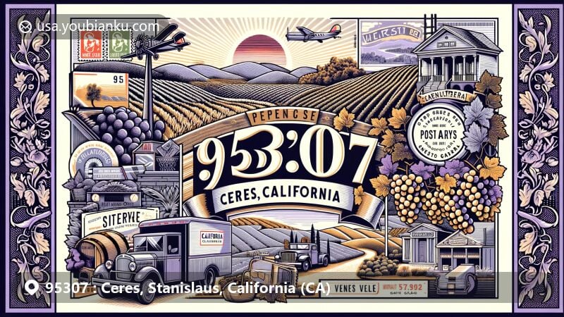 Modern illustration of Ceres, California, showcasing the agricultural landscape of the San Joaquin Valley with wine grapes, featuring a postcard theme highlighting ZIP code 95307, California state flag, Whitmore Mansion, and postal symbols.