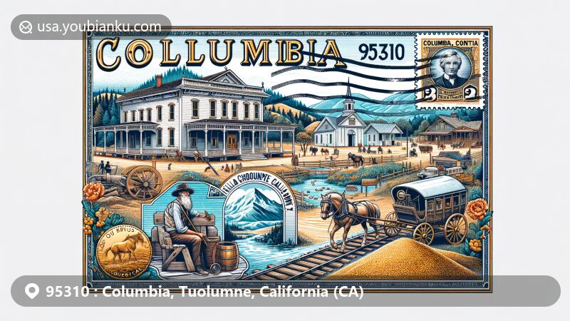 Modern illustration of Columbia, Tuolumne County, California, featuring ZIP code 95310, showcasing Gold Rush history at the State Historic Park, iconic landmarks like the schoolhouse and Douglass Saloon, and nods to Miwok culture.
