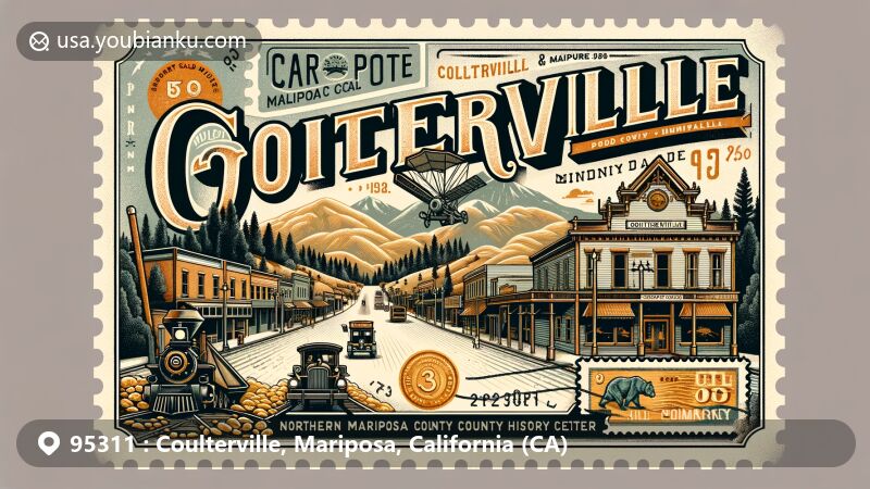 Contemporary illustration of Coulterville, Mariposa County, California, celebrating its historic gold rush roots and mining heritage, showcasing the Champion Mine, Coulterville Main Street District, Hotel Jeffery, and Northern Mariposa County History Center, with modern postal communication elements like a postcard, air mail envelope, postage stamp, and postmark depicting ZIP Code 95311.