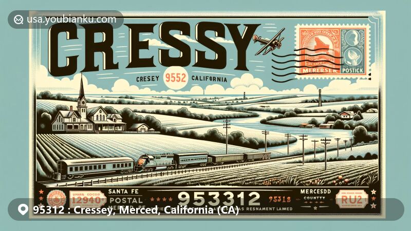 Modern illustration of Cressey, Merced County, California, featuring postal theme with ZIP code 95312, capturing rural charm and showcasing iconic features like the Santa Fe railroad and the Merced River.