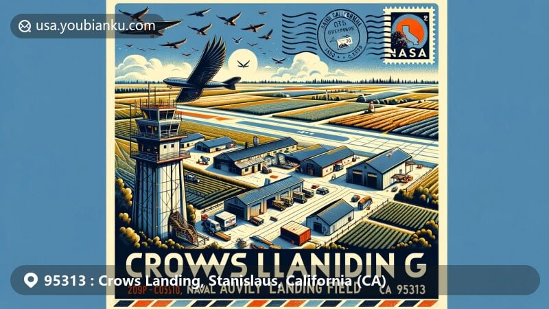 Modern illustration of Crows Landing, Stanislaus County, California, showcasing former Naval Landing Field turned NASA Crows Landing Airport with runways, control tower, and agricultural landscapes, reflecting military and aerospace heritage.