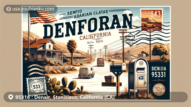 Modern illustration of Denair, Stanislaus County, California, featuring ZIP code 95316, capturing the semi-arid climate with Mediterranean influences and showcasing the area's characteristics.