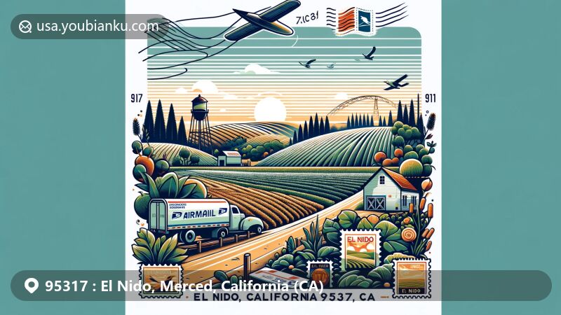 Modern illustration of El Nido, California, showcasing rural charm with typical Central California agricultural landscape and postal elements like airmail envelope, postage stamp, and postmark featuring '95317' and 'El Nido, CA'.