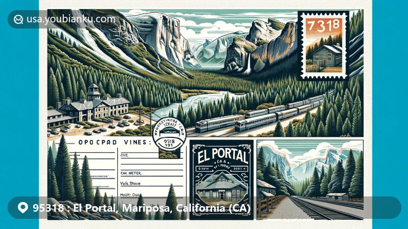 Modern illustration depicting ZIP code 95318, El Portal, Mariposa County, California, featuring the lush greenery, Merced River, Sierra National Forest, and vintage postcard design with Yosemite Valley Railroad stamp.
