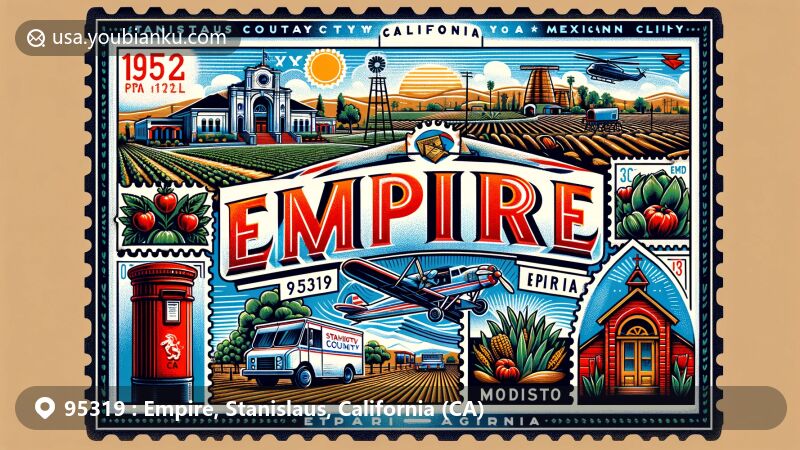 Modern illustration of Empire, California, featuring postal theme with Mexican cultural influence, agricultural activity, and Empire Community Park.