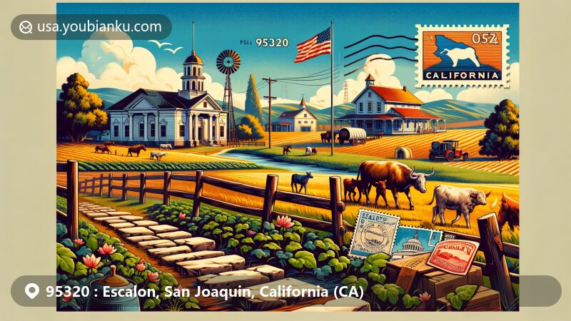 Modern illustration of Escalon, California, featuring agriculture, education, and the state flag, with postal elements like a postcard frame, stamps, postmarks, and ZIP Code 95320.