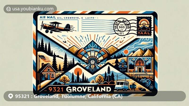Modern illustration of Groveland, California, featuring unique air mail envelope design with symbols of Mediterranean climate, gold mining era, Hetch Hetchy Railroad, and Yosemite National Park.