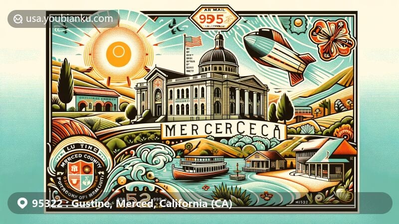 Modern illustration of Gustine, Merced County, California, featuring postal theme with ZIP code 95322, incorporating warm-summer Mediterranean climate, Gustine Museum, Portuguese cultural heritage, vintage air mail envelope, stamps, and postal marks.