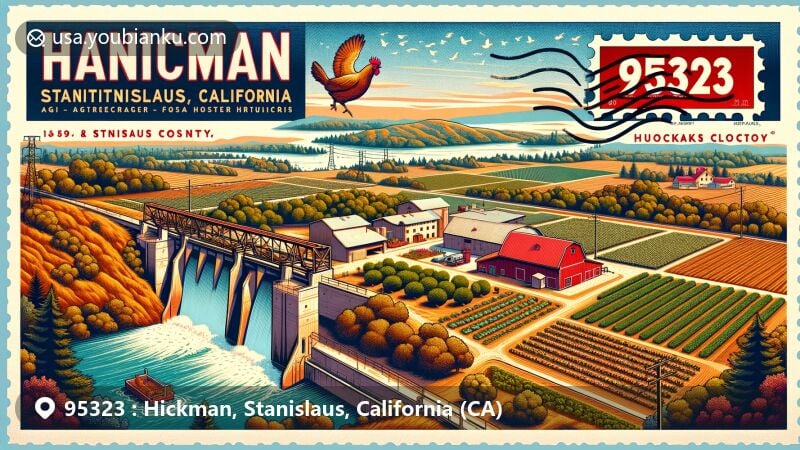 Modern illustration of Hickman, Stanislaus, California, blending agricultural heritage with postal themes, featuring almond orchards, dairy farms, Foster Farms, hydroelectric dam, and Tuolumne River.
