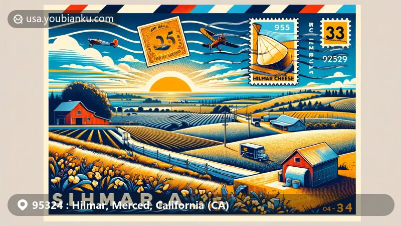 Modern illustration of Hilmar, California, showcasing postal theme with ZIP code 95324, featuring Hilmar Cheese Company and agricultural landscapes.