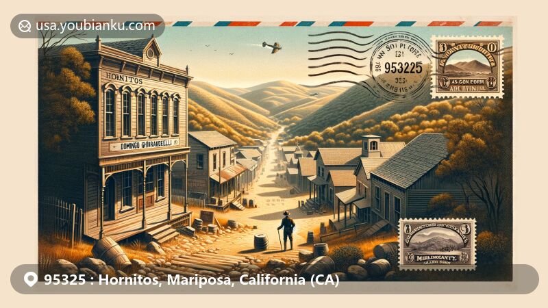 Modern illustration of Hornitos, Mariposa County, California, featuring historic ghost town charm with remnants of Domingo Ghirardelli's general store, stone jail, and architectural ruins. Includes postal theme with vintage postcard elements, ZIP code 95325, and imagery of California's gold country.