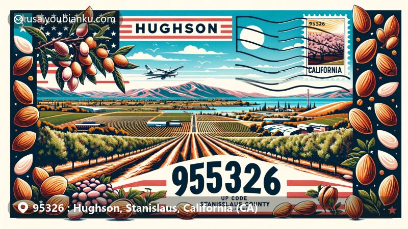 Modern illustration of Hughson, Stanislaus County, California, highlighting almond orchards, vineyards, rolling hills, and California state flag. Includes stylized postal theme with ZIP code 95326 and postmark, reflecting community spirit and scenic beauty.