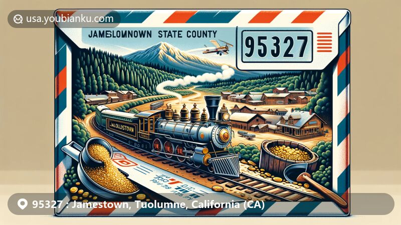 Modern illustration of Jamestown, Tuolumne County, California, representing ZIP code 95327 with a vintage airmail envelope, showcasing Railtown 1897 State Historic Park, gold panning reference, and Red Hills Recreation Management Area.