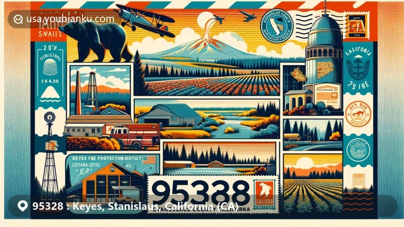 Modern illustration of Keyes, Stanislaus County, California, showing postal theme with ZIP code 95328, featuring agricultural landscapes, Keyes Fire Protection District, and California state symbol.