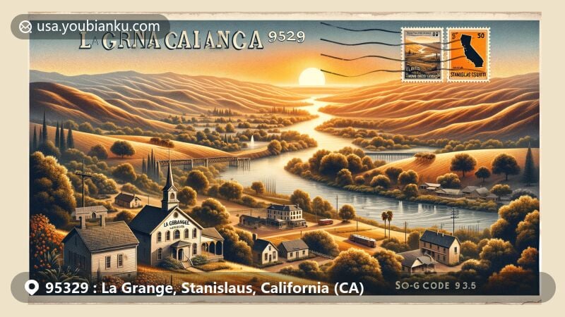 Modern illustration of La Grange, Stanislaus County, California, featuring iconic landmarks like Tuolumne River, La Grange Historic Schoolhouse, St. Louis Roman Catholic Church, and La Grange Dam, with a touch of Lake Don Pedro for current recreational appeal.