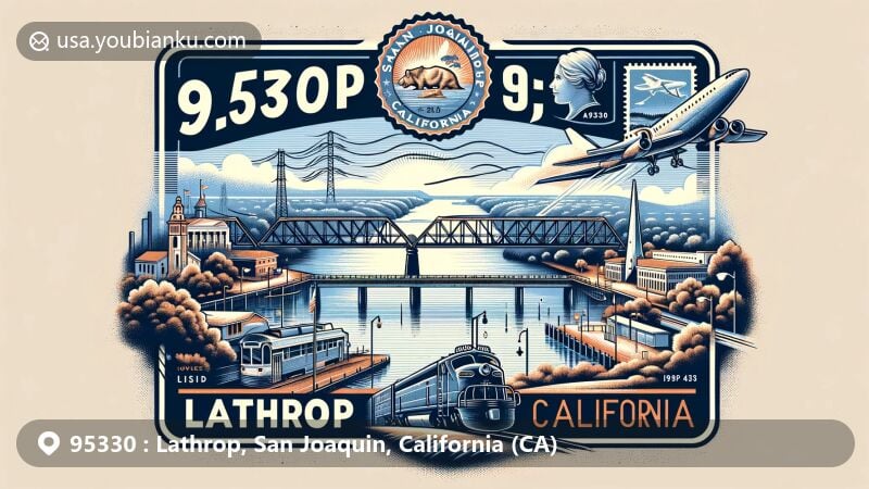Modern illustration of Lathrop, California, highlighting ZIP code 95330, San Joaquin River, Mossdale Crossing bridge, local schools, Tesla, and California state flag.