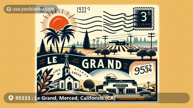 Modern illustration of Le Grand, Merced County, California, featuring postal theme with ZIP code 95333, including a sun symbol, Le Grand High School, almond trees, and a postmark.
