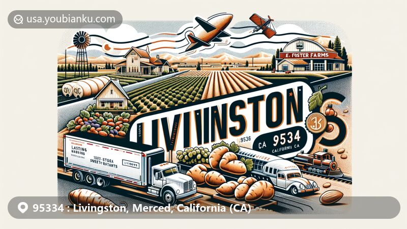 Modern illustration of Livingston, Merced County, California, inspired by postal theme and local agriculture, featuring San Joaquin Valley's sweet potatoes, grapes, almonds, Foster Farms, and E & J Gallo Winery.