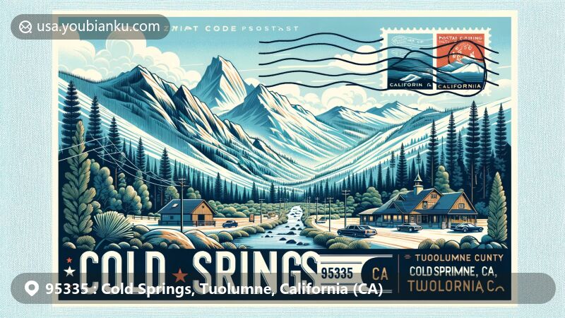 Modern illustration of Cold Springs, Tuolumne County, California, capturing the essence of a serene, mountainous area with high elevation terrain, pine trees, and a small community among the mountains. In the foreground, a creatively designed postcard or air mail envelope features Cold Springs, CA 95335, the California state flag, and postal elements like a stamp and postmark. The background showcases the picturesque landscape against a clear blue sky, emphasizing the area's location in the Sierra Nevada.