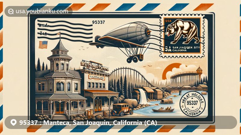 Modern illustration of Manteca, San Joaquin County, California, featuring vintage air mail envelope frame with Bedquarters building and Great Wolf Lodge Water Park. Includes California bear flag and Manteca Water Tower postage stamp, highlighting local landmarks and state identity.