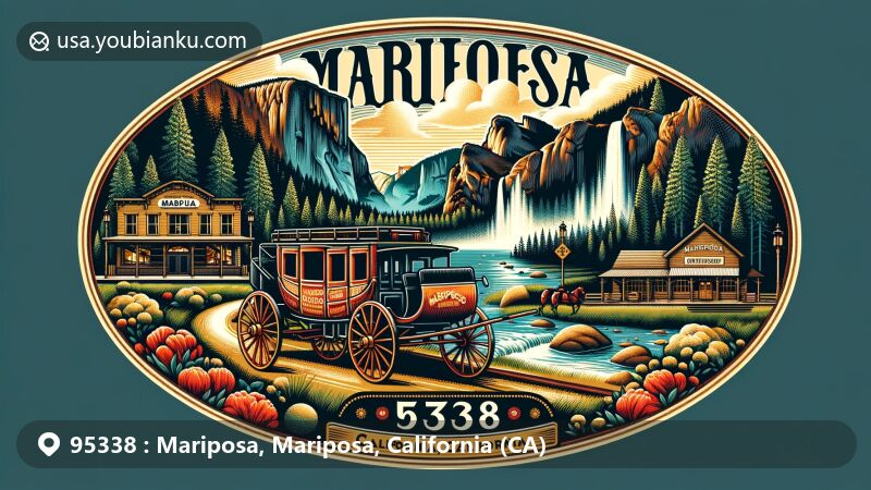 Modern illustration of Mariposa, California, capturing the essence of ZIP code 95338 with references to Gold Rush era, Yosemite National Park, and local history, featuring Mariposa Stage Line, Yosemite waterfalls, Mariposa Museum, Half Dome, and El Capitan.