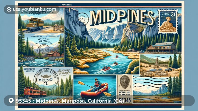 Modern illustration of Midpines, California, showcasing postal theme with ZIP code 95345, featuring Merced River, Sierra Nevada foothills, and gold mining heritage.