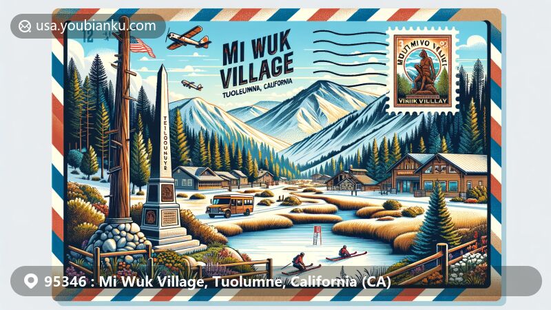 Modern illustration of Mi Wuk Village in Tuolumne County, California, featuring Sierra Nevada foothills, Chief William Fuller monument, and postal-themed elements with ZIP code 95346.