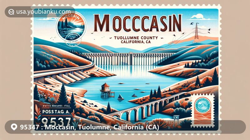 Modern illustration of Moccasin, Tuolumne County, California, showcasing Moccasin Reservoir and Hetch Hetchy Aqueduct, with postal elements like vintage postcard overlay, ZIP Code 95347, and stylized postage stamp.