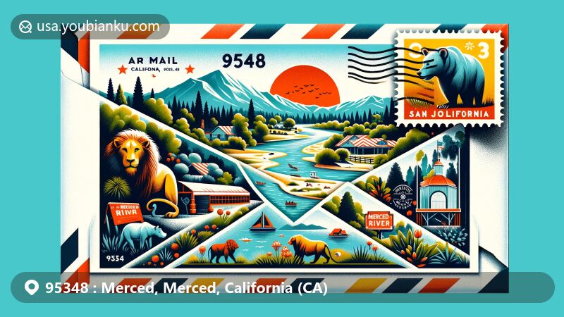 Modern illustration of Merced, California, with Applegate Park Zoo and Merced River, set against San Joaquin Valley landscapes, featuring postal theme with air mail envelope and vintage stamps.