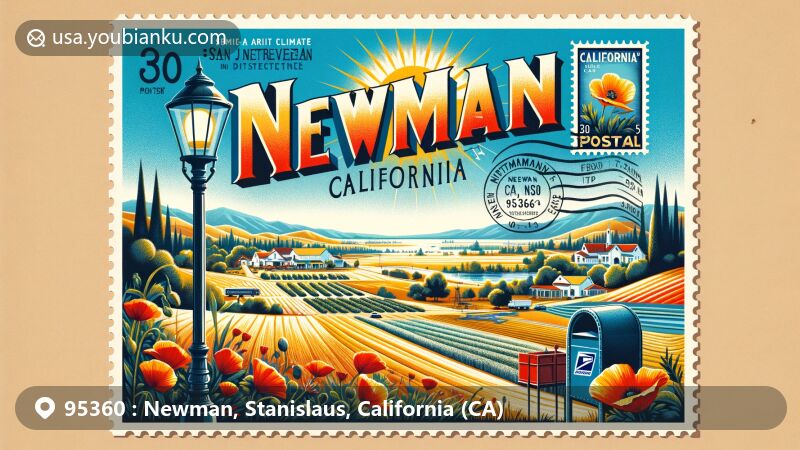 Modern illustration of Newman, California, blending semi-arid climate and Mediterranean influences with postal elements, showcasing agricultural landscape under a sunny sky and iconic postal symbols.