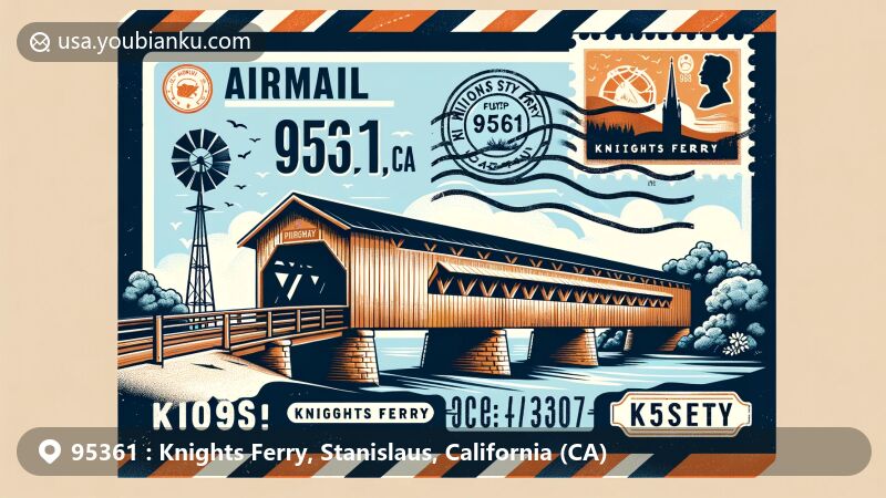 Modern illustration of Knights Ferry, Stanislaus, California, showcasing airmail theme with ZIP code 95361, featuring iconic covered bridge and California state symbol.