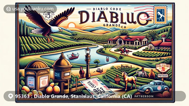 Modern illustration of Diablo Grande and Patterson in Stanislaus County, California, featuring Diablo Grande Legends golf course, vineyards, equestrian center, and Patterson Apricot Fiesta, with postal elements like air mail envelope, postage stamps, postmarked envelope, and mailbox.