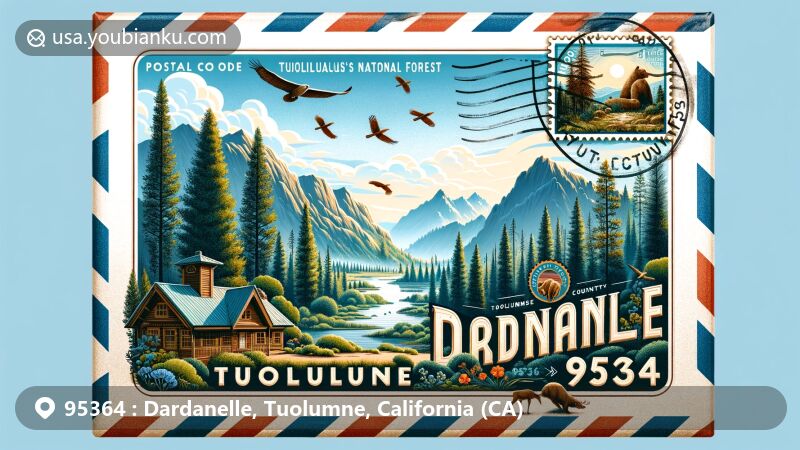 Modern illustration of Dardanelle, Tuolumne, California focusing on the 95364 postal code area, featuring vintage airmail envelope with vibrant natural scenery of towering pine trees, rugged mountains, and serene environment of Stanislaus National Forest, incorporating native wildlife like deer or birds. ZIP code 95364 and stylized postage stamp of Tuolumne County landmark showcased.