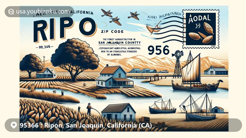 Modern illustration of Ripon, California, in San Joaquin County, showcasing agricultural abundance with a focus on almond production and historical marker 'New Hope - 1846' by Mormon pioneers, featuring wheat fields, log houses, and Stanislaus River ferry.