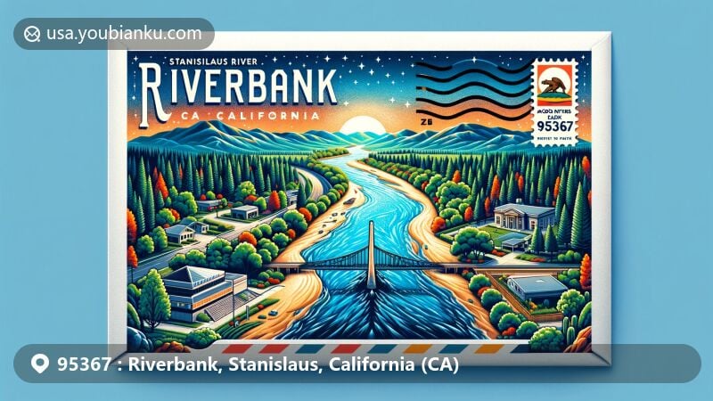 Creative illustration of Riverbank, California, in Stanislaus County, featuring the Stanislaus River, Jacob Myers Park, envelope with ZIP code 95367, and California state flag.