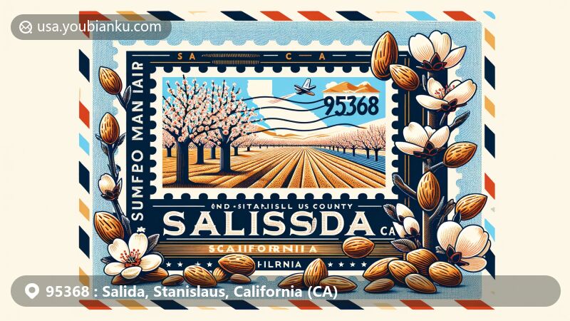 Modern illustration of Salida, California, showcasing almond cultivation and proximity to Blue Diamond facility, reflecting agricultural significance of Stanislaus County, with almond trees in bloom and outline of the county, creatively designed within an air mail envelope with almond motifs and California bear stamp.