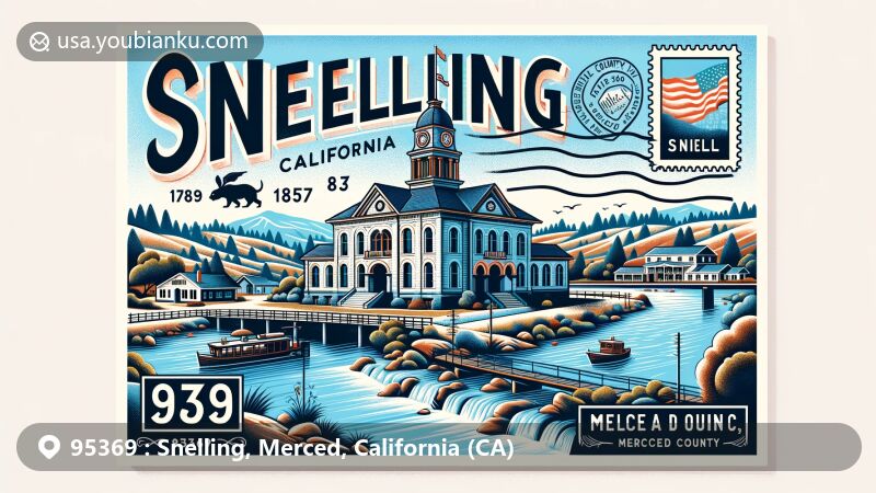 Contemporary wide-format postcard illustration of Snelling, California, in Merced County, featuring Snelling Courthouse, Merced River, and postal motifs with ZIP code 95369.