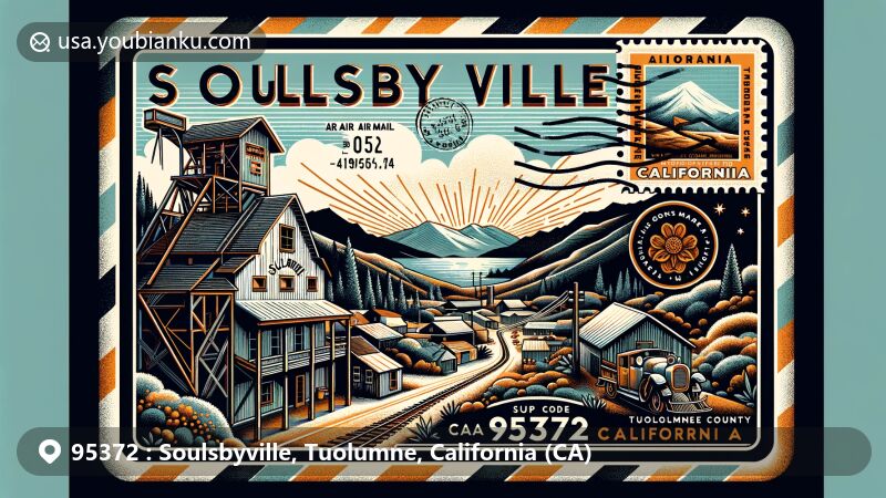 Modern illustration of Soulsbyville, Tuolumne County, California, inspired by ZIP code 95372, showcasing Soulsby Mine and California Gold Rush history, with vintage air mail envelope design and Sierra Nevada mountains backdrop.