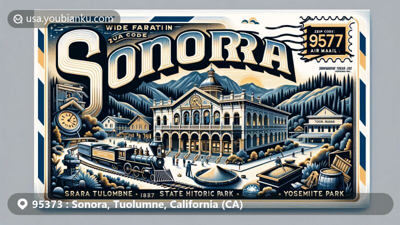 Creative illustration of Sonora, Tuolumne, California, showcasing historic Opera Hall, Railtown 1897 Historic Park, Columbia State Historic Park, and Yosemite's natural beauty.
