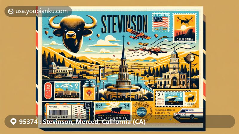 Creative illustration of Stevinson, Merced, California, featuring Mediterranean climate and Portuguese-American bullring, symbolizing unique cultural heritage, with postal elements like postcard, postage stamps, postal truck, and mailbox.