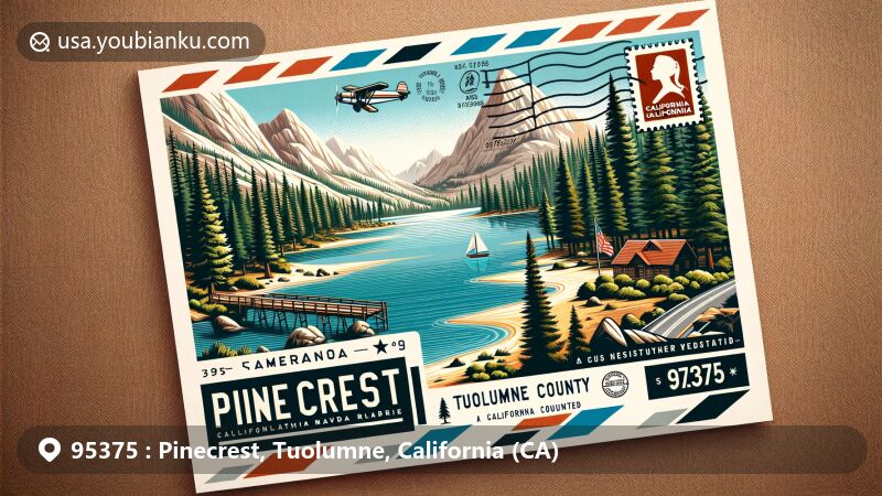 Modern illustration of Pinecrest area in Tuolumne County, California, featuring Pinecrest Lake and scenic surroundings, with a postcard-style layout including a vintage air mail envelope and ZIP code 95375.