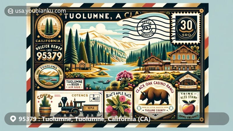 Modern illustration of Tuolumne, California, highlighting iconic landmarks of the area with Tuolumne River canyon vistas, the West Side Trail, Black Oak Casino Resort, and Cover’s Apple Ranch, integrating symbols of logging history and natural beauty.