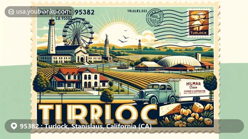 Modern illustration of Turlock, California, in Stanislaus County, showing landmarks like Carnegie Arts Center, Hilmar Cheese Company Visitor Center, Donnelly Park, and John W. Mitchell statue, with a background of agricultural fields and vintage postal elements.