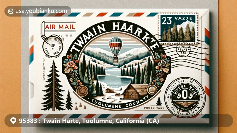 Modern illustration of Twain Harte, California, featuring vintage air mail envelope design with Twain Harte Lake, pine forests, snowy landscape, Dodge Ridge Ski Area, California state flag, ZIP code 95383, pine cones, and oak leaves.