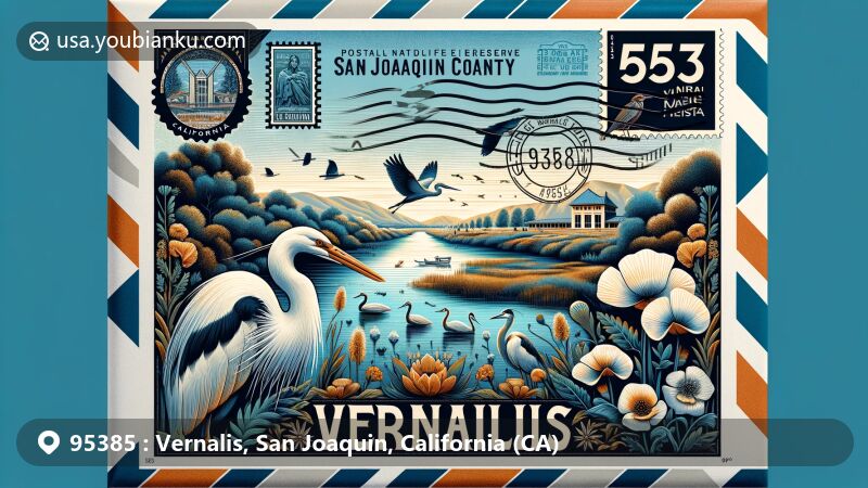 Modern illustration of Vernalis, San Joaquin County, California, featuring air mail envelope design with San Joaquin River National Wildlife Refuge and postal elements.