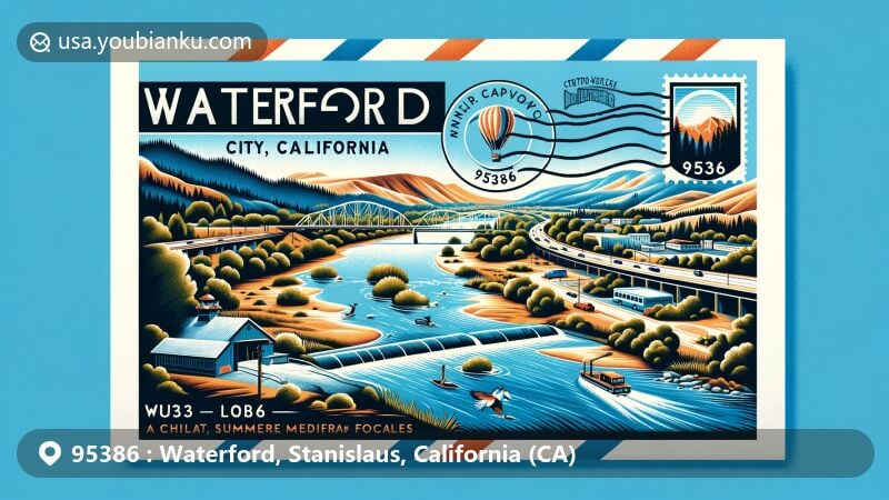 Modern illustration of Waterford, Stanislaus County, California, showcasing postal theme with ZIP code 95386, featuring Tuolumne River, Sierra foothills, and Mediterranean climate.