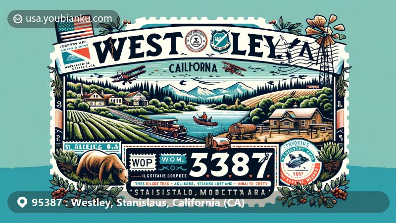 Modern illustration of Westley, Stanislaus County, California, featuring Diablo Range, Ingram Creek, lush green hills, vintage airmail elements, and ZIP code 95387.